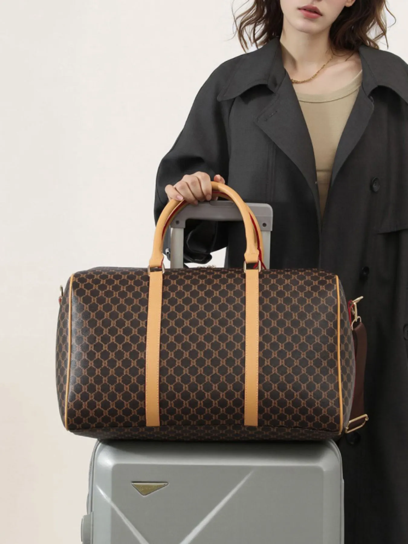 Patterned Leather Travel Duffle Bag with Reinforced Handles