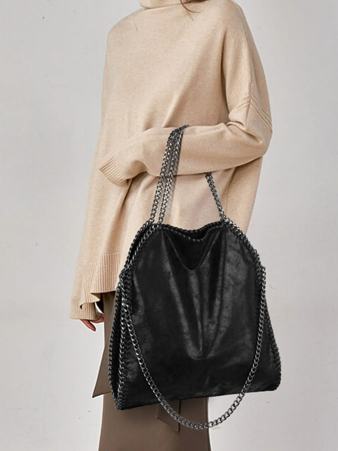 Chain-Trimmed PU Leather Shoulder Bag